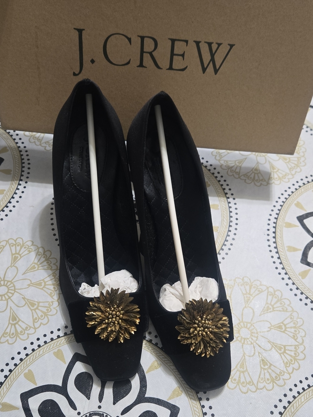 J. Crew Black Suede Pumps with Gold Floral Medallion, Size 7